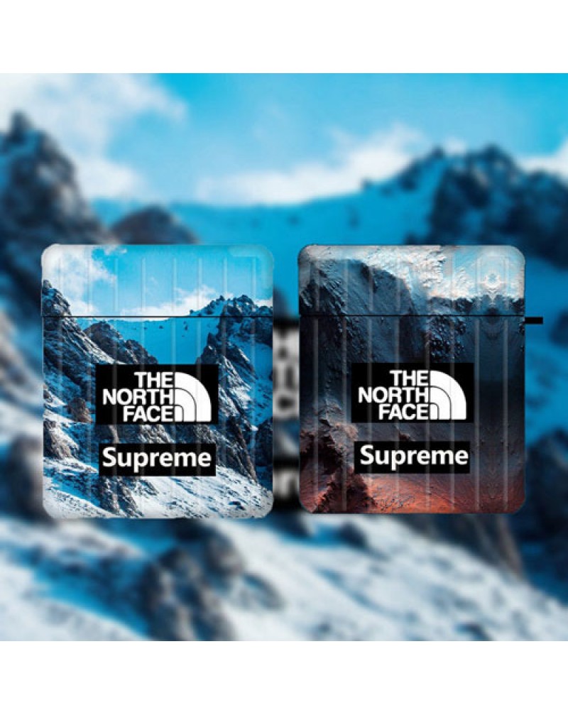 Supreme x The NORTH FACE コラボAirpods proケースブランドAirpods 2/1ケース保護性 個性エアーポッズプロケース紛失防止 落下防止 火山雪山プリント付きお洒落