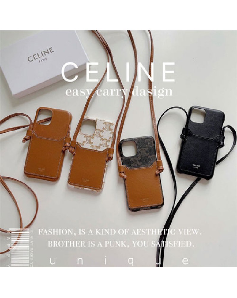 CELINE セリーヌ iphone15 pro/14/14+/14 pro maxケースアイフォン13/13 pro max/12/12 pro maxケースブランド iphone11/11 pro maxカバー カード入れアイフォンSE2/xr/xs maxケースストラップ付き iphone x/8/7 plusケース オシャレ人気新品