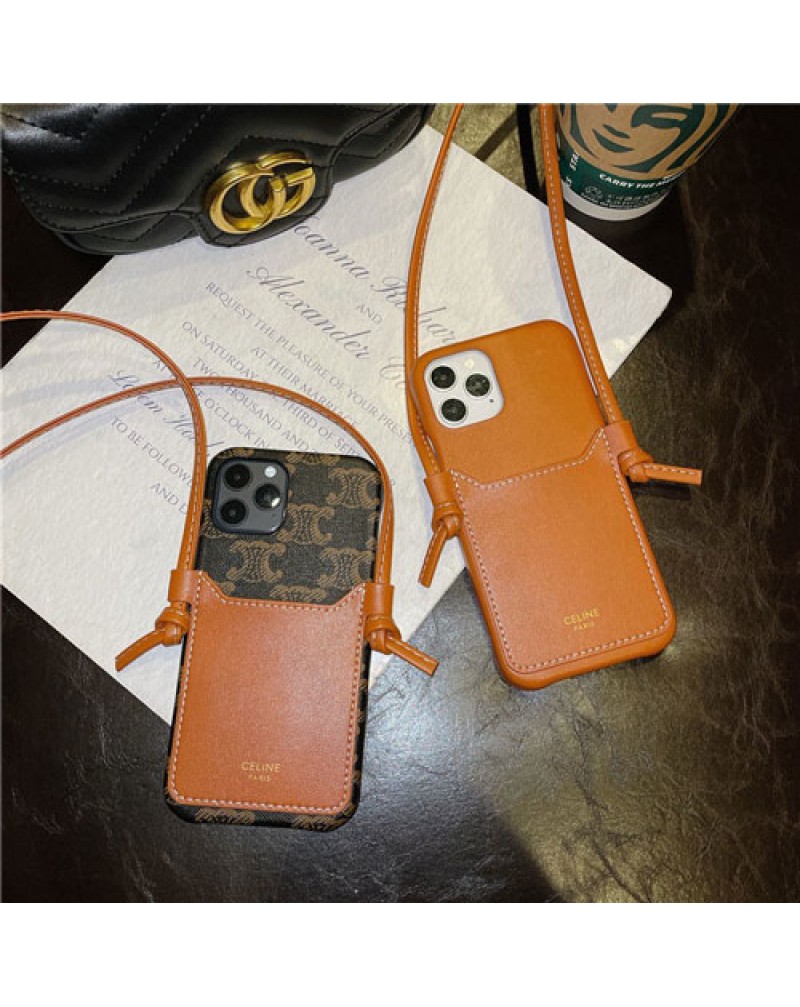 CELINE セリーヌ iphone15 pro/14/14+/14 pro maxケースアイフォン13/13 pro max/12/12 pro maxケースブランド iphone11/11 pro maxカバー カード入れアイフォンSE2/xr/xs maxケースストラップ付き iphone x/8/7 plusケース オシャレ人気新品