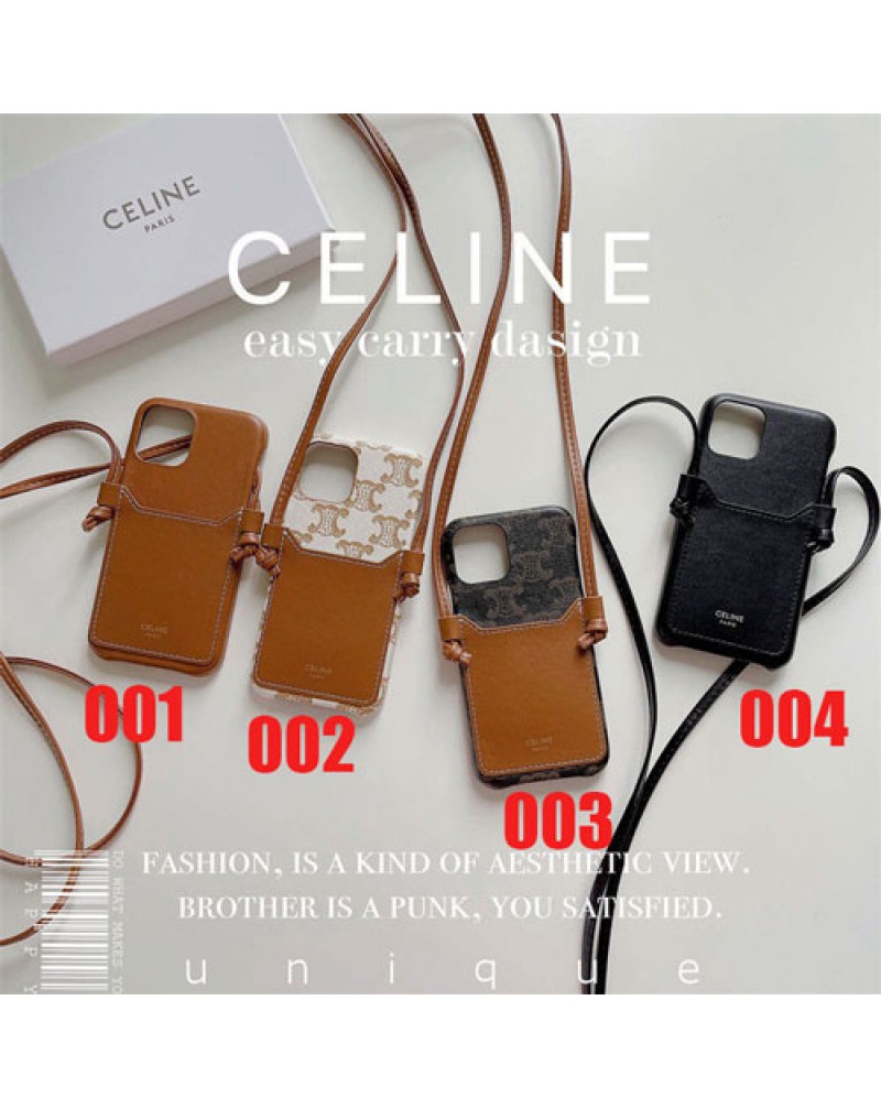 CELINE セリーヌ iphone15 pro/14/14+/14 pro maxケースアイフォン13/13 pro max/12/12 pro maxケースブランド iphone11/11 pro maxカバー カード入れアイフォンSE2/xr/xs maxケースストラップ付き iphone x/8/7 plusケース オシャレ人気新品
