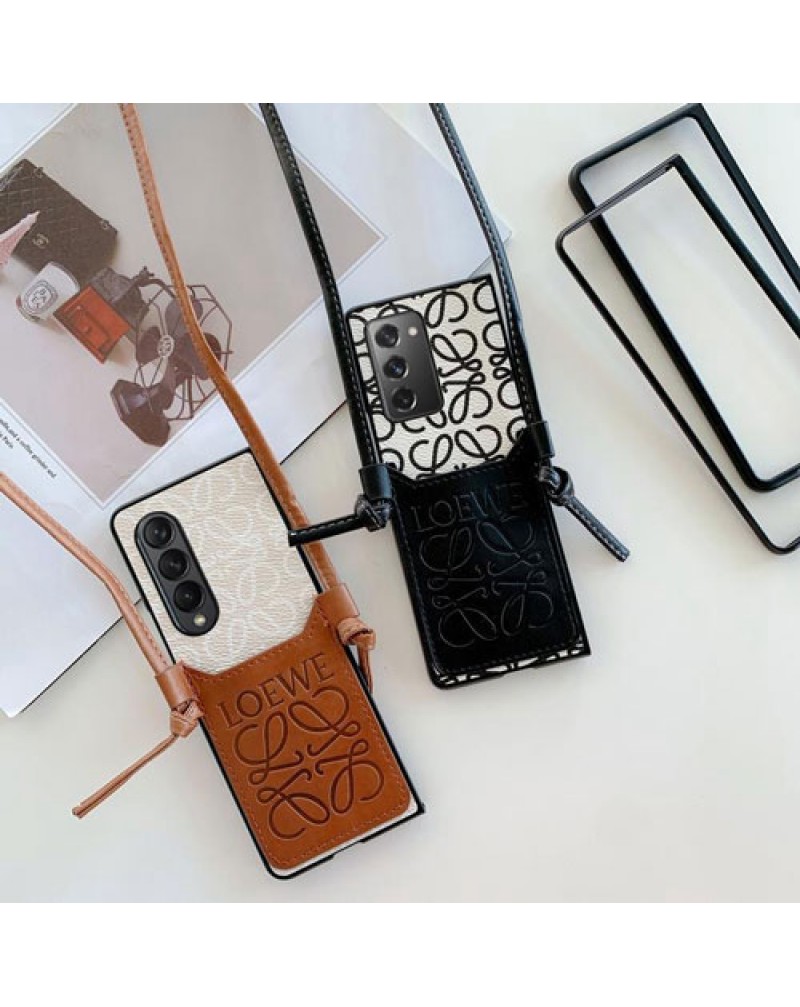 ロエベ galaxy Z Fold6/Z fold5/z fold3/Z fold4ケース折り畳みブランド galaxy z fold6ケース loewe ギャラクシーz fold3ケース galaxy w22/w21ケースカードポケットショルダーストラップ付き高級レザー製女性人気