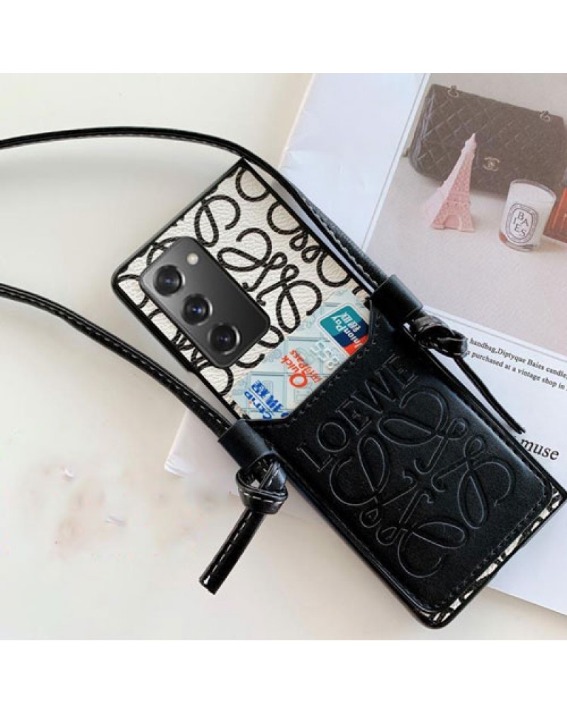 ロエベ galaxy Z Fold6/Z fold5/z fold3/Z fold4ケース折り畳みブランド galaxy z fold6ケース loewe ギャラクシーz fold3ケース galaxy w22/w21ケースカードポケットショルダーストラップ付き高級レザー製女性人気