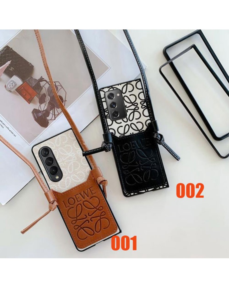 ロエベ galaxy Z Fold6/Z fold5/z fold3/Z fold4ケース折り畳みブランド galaxy z fold6ケース loewe ギャラクシーz fold3ケース galaxy w22/w21ケースカードポケットショルダーストラップ付き高級レザー製女性人気