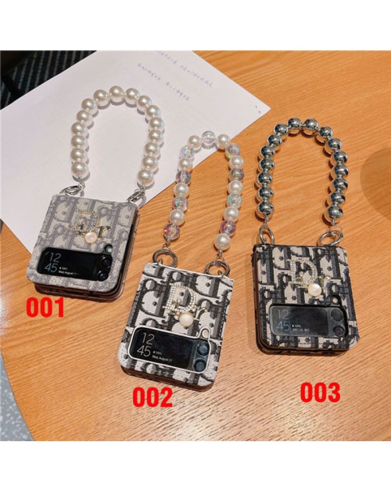 ディオール Galaxy z flip4ケースブランド galaxy z flip3ケースdior折りたたみ真珠ハンドベルト付き高級ディオールギャラクシーzフリップ3ケースキラキラファッションお洒落保護性