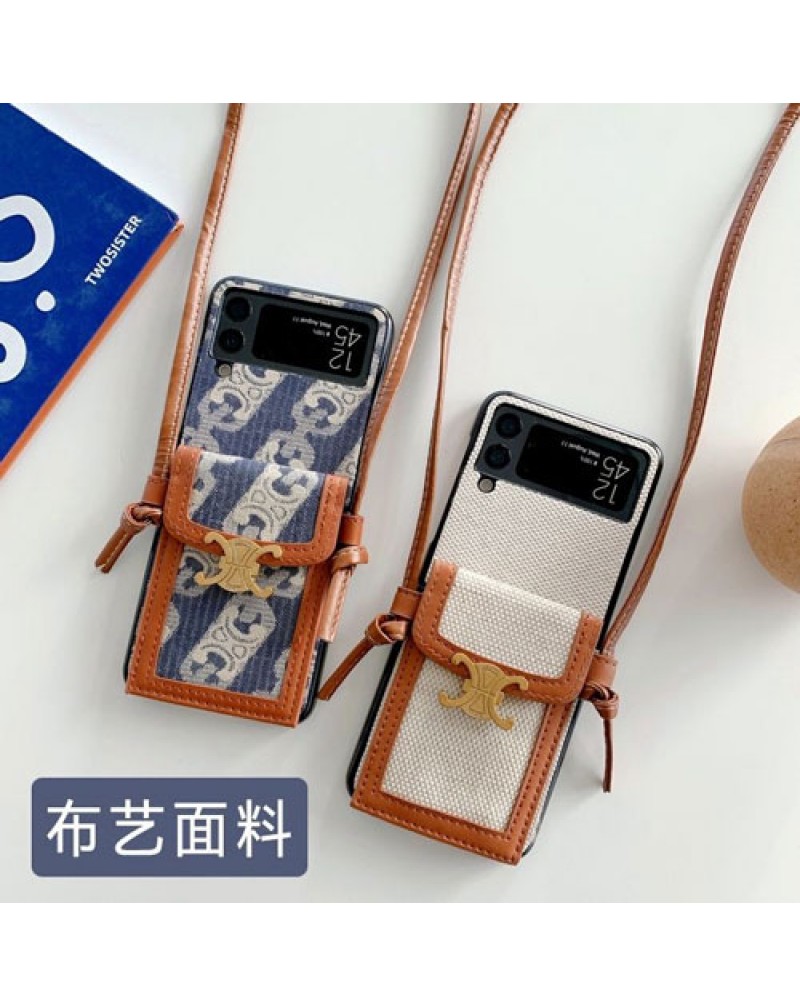 セリーヌ Galaxy Z Flip6/z flip4/z flip5ケース galaxy z fold4/zfold5ケース celine カード入れブランドgalaxy z flip3/z fold3ケースショルダーストラップ高級布製耐摩擦保護性ギャラクシーzフッリプ4ケース女性人気