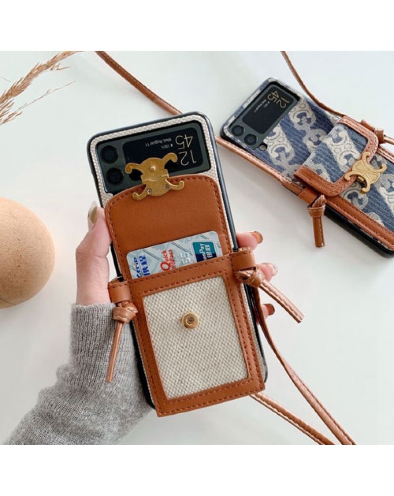 セリーヌ Galaxy Z Flip6/z flip4/z flip5ケース galaxy z fold4/zfold5ケース celine カード入れブランドgalaxy z flip3/z fold3ケースショルダーストラップ高級布製耐摩擦保護性ギャラクシーzフッリプ4ケース女性人気