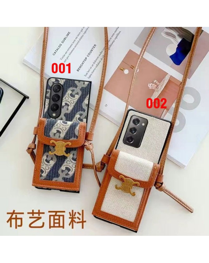 セリーヌ Galaxy Z Flip6/z flip4/z flip5ケース galaxy z fold4/zfold5ケース celine カード入れブランドgalaxy z flip3/z fold3ケースショルダーストラップ高級布製耐摩擦保護性ギャラクシーzフッリプ4ケース女性人気