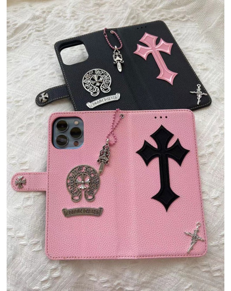 Chrome hearts iphone 16pro/15 pro/15+/14 pro/14plus/14 pro maxケース手帳型潮流個性 iphone13/13 pro/13 pro maxケースクロムハーツ iphone12/12 mini/12 pro max/11 pro maxケース高級革製男女兼用大人気