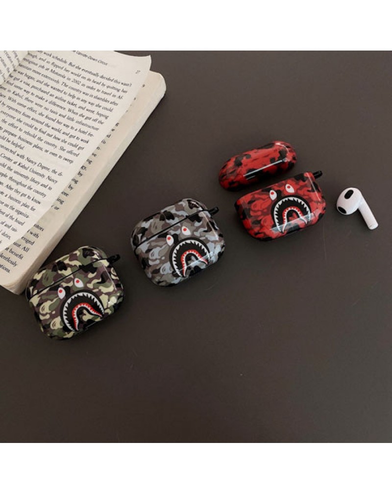 Aape Airpods proケース airpods 3世代ケースエーエイプ個性潮流airpods 2/1世代ケースブランドエアーポッズプロケースお洒落迷彩サメシリコン製全面保護耐衝撃