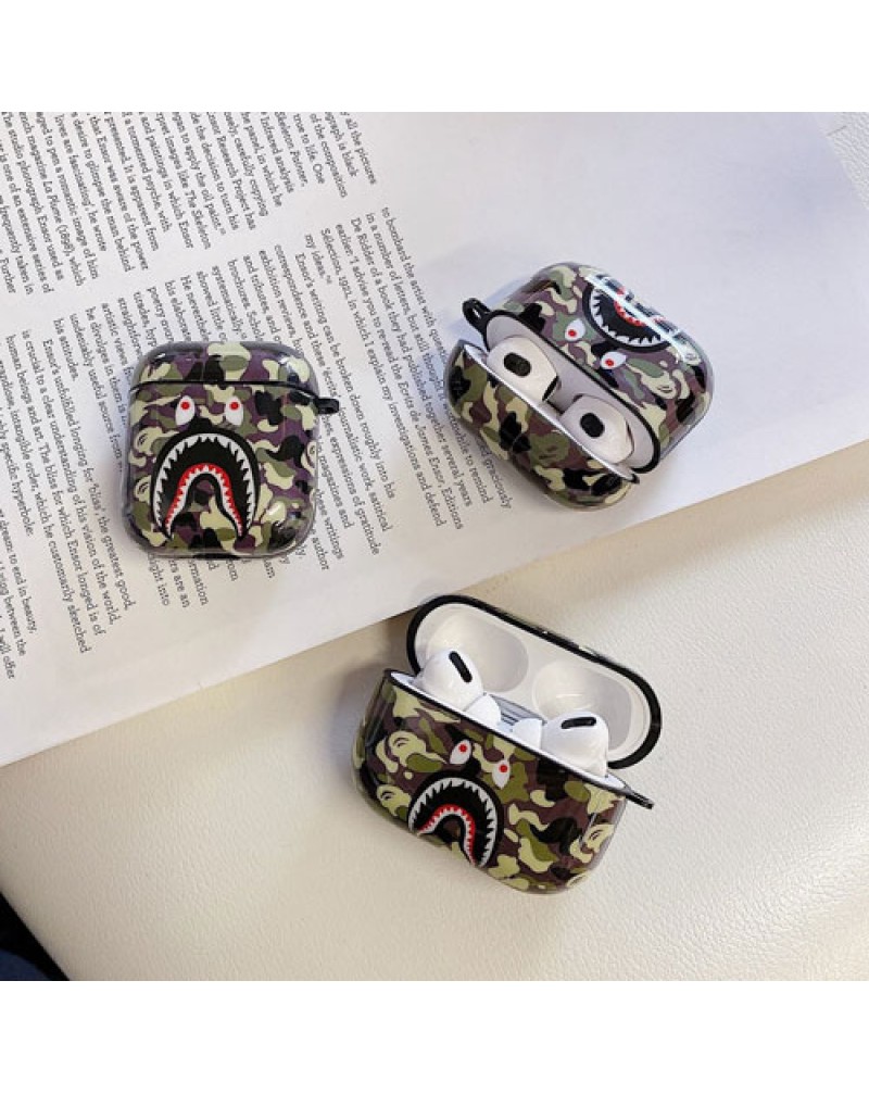 Aape Airpods proケース airpods 3世代ケースエーエイプ個性潮流airpods 2/1世代ケースブランドエアーポッズプロケースお洒落迷彩サメシリコン製全面保護耐衝撃