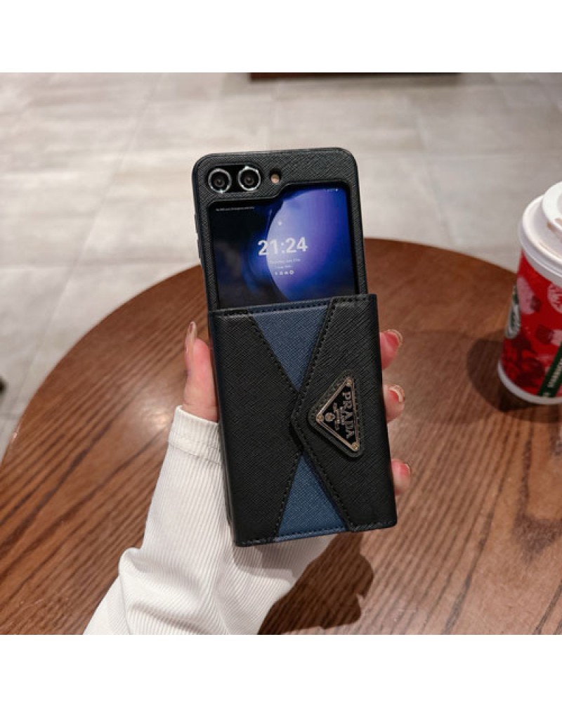 プラダ Galaxy z flip5ケースカード入れ Galaxy z fold5ケースPRADA Galaxy z flip4保護ケース折畳み人気ブランドギャラクシーz flip3 zfold3ケースお洒落混色高級感