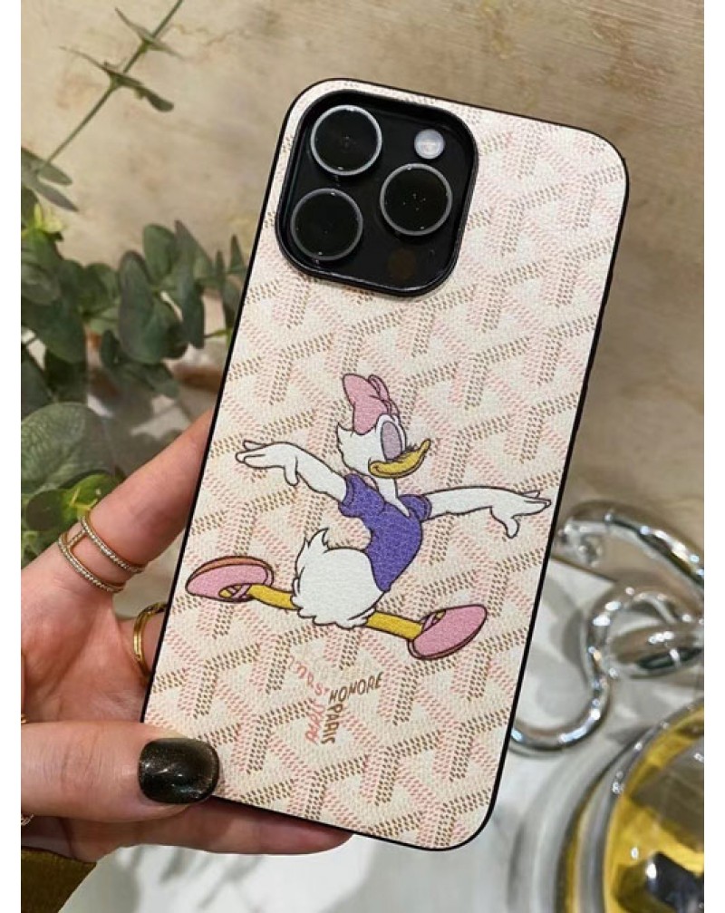 ゴヤール iphone15 pro maxケースキャラクター付き iphone15プロマックスケースブランド iphone14 pro max携帯電話カバーミッキーミニーダンボ付きアイホン13プロマックスケース合革製耐衝撃