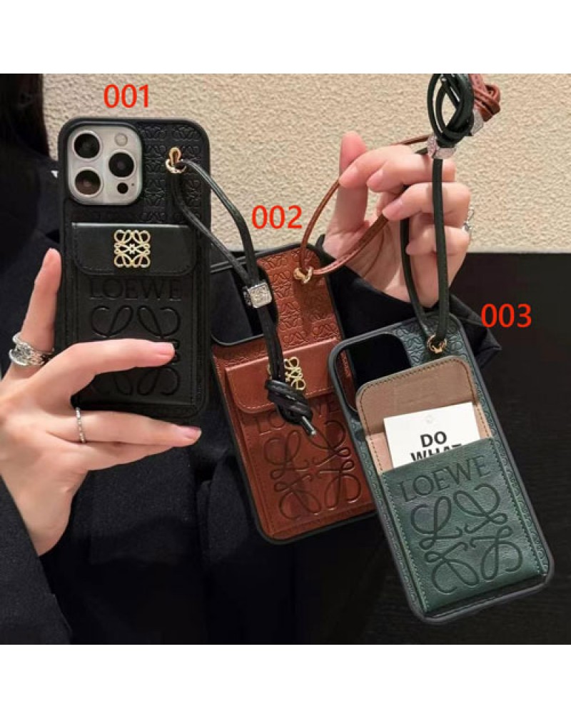 LOEWE iphone16 pro/16 plusケースカード収納アイフォン16プロマックスケースロエベ iphone15 pro max携帯電話ケースストラップ付きiphone14 pro/13pro max保護カバー高級感人気耐摩擦レザー製