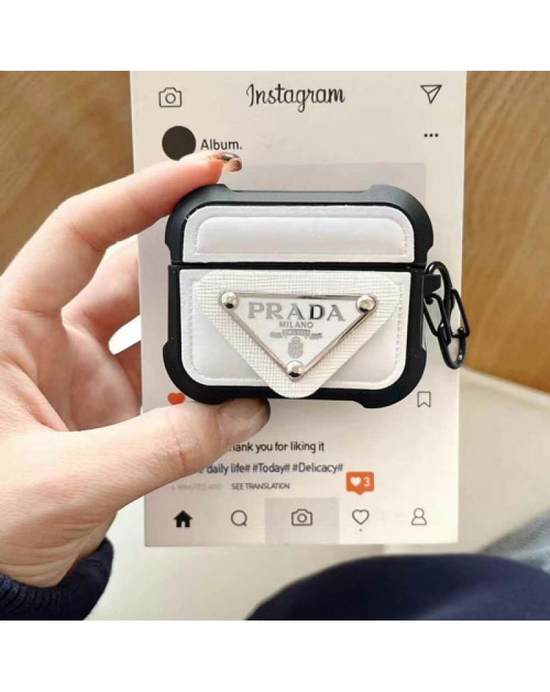 プラダAirpods pro2ケースairpods 4世代ケース全面保護耐衝撃性エアーポッズプロケース prada airpods 3/2世代ケース耐摩擦耐久性よいフック付き持ち運び便利