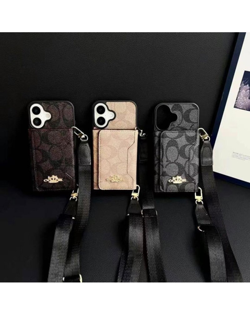 コーチ iPhone16 pro/16eケースカード入れ人気coach galaxy s25/s24 ultraケースブランドアイフォン15プロマックスケースショルダーストラップ付き男女兼用iphone14 /13/12 pro maxケース