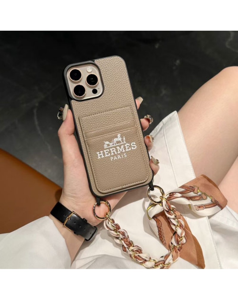 エルメス iPhone17 pro/16 Pro maxケースカード収納 iphone15 pro/14 pro携帯電話ケースhermes iphone13 pro保護カバーハンドチェーン付きオシャレ簡約高級レザー製