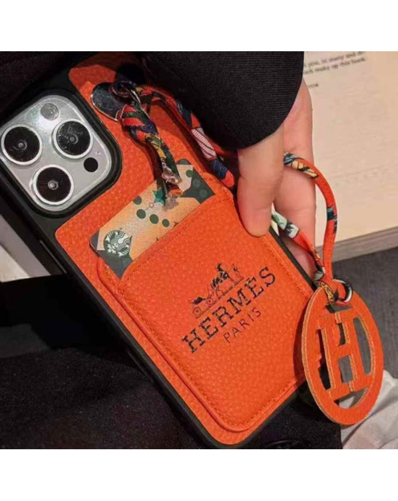 エルメス iphone17 pro/17 airケースカード入れ人気ブランド iPhone16 pro maxケース hermes iphone15 14 13 pro max携帯カバーレザー製オシャレペンダントストラップ付き