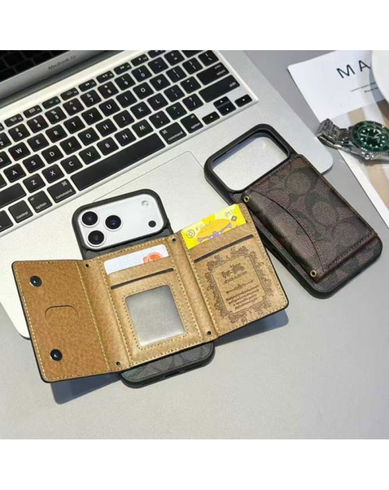 コーチ iphone17 pro/iphone Airケースカード収納coach iphone17 pro maxケースアイフォン16プロ保護ケースmagsafe充電可能ブランドiphone 15 14 13 proカバーカードポケット取り外し欧米風レザー耐摩擦