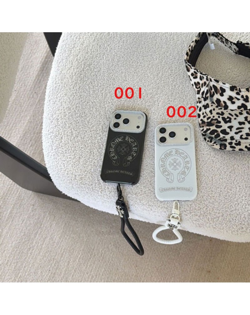 クロムハーツ iphone 17 proケース潮流個性アイフォン16プロケース黒白 chrome hearts iphone15 14 pro maxケースペアお揃いハンドストラップ付き
