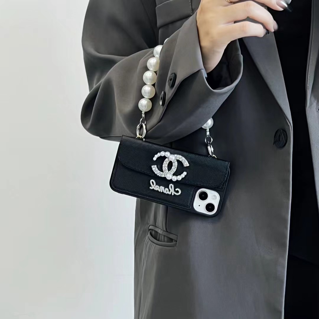 chanel iphone13プロ携帯電話ケース真珠ストラップ